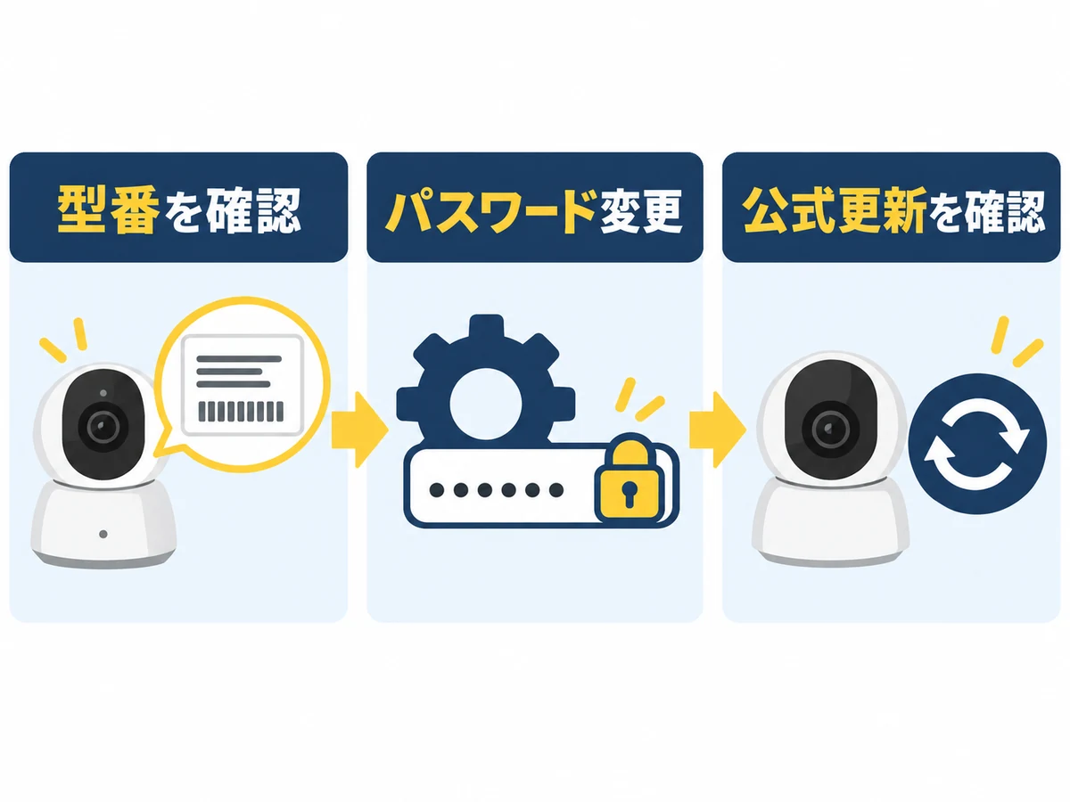 防犯カメラの型番、パスワード、公式更新を順に確認する図