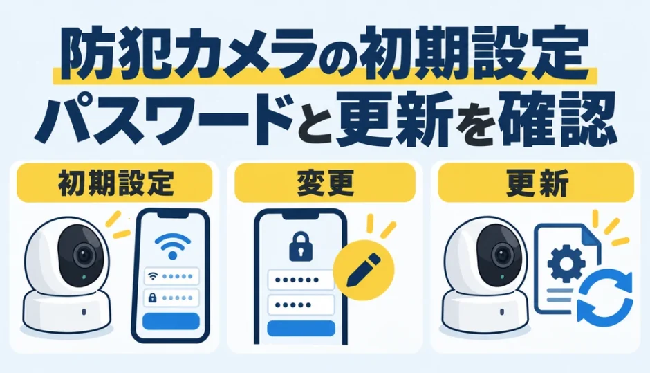 防犯カメラの初期設定でパスワードと更新を確認する図